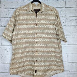 Woolrich Mens Button Up Camp Shirt Stone Horizontal Fish Pattern Size Large